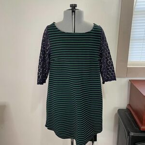 Anthropologie Postmark Blue Green Striped Top Tunic Lace Sleeves Size Small